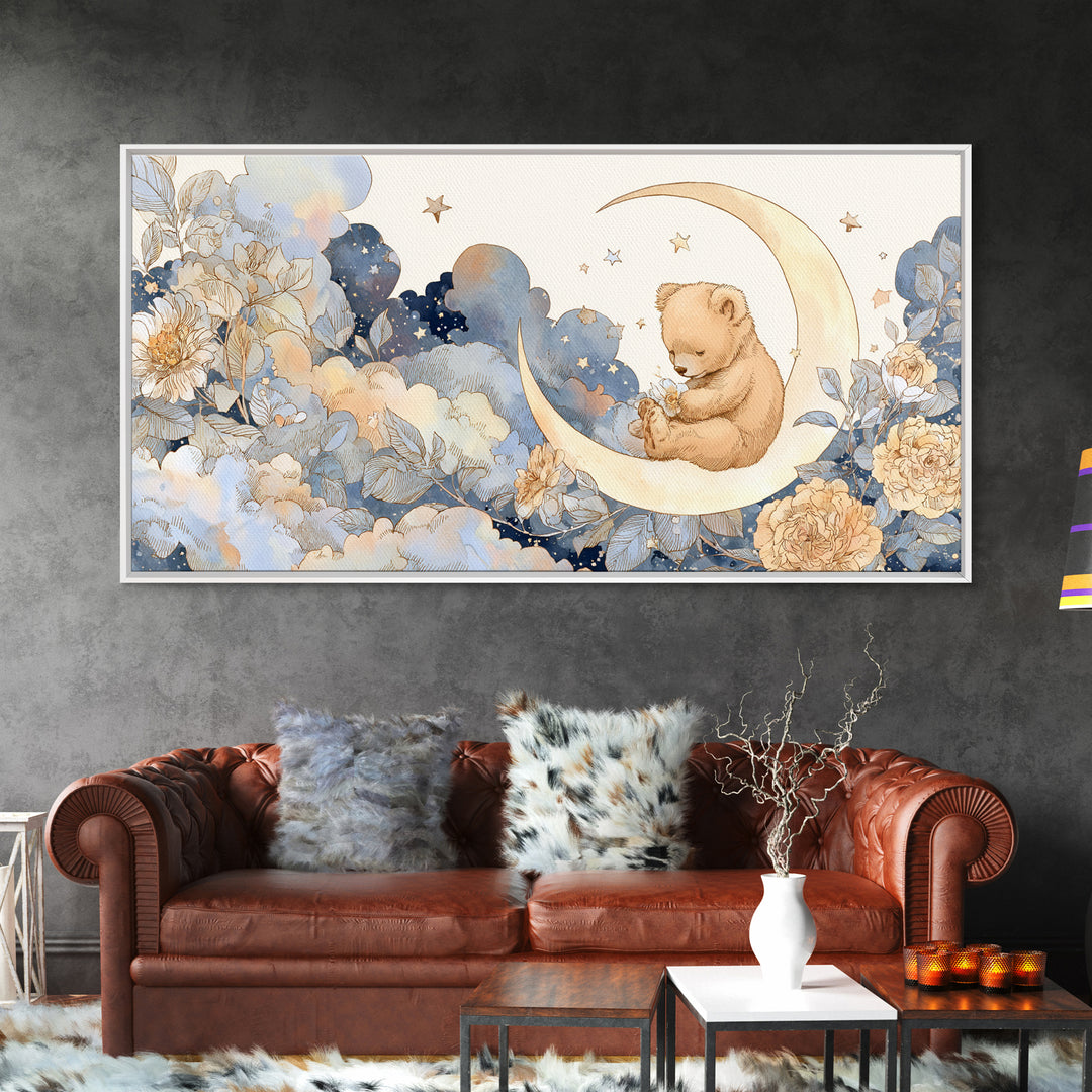 Baby Bear Floating on a Crescent Moon Canvas Print, Nursery Art, Printable Wall Art, Nursery Decor, Watercolor Art, Nursery, NUR-2x1-74