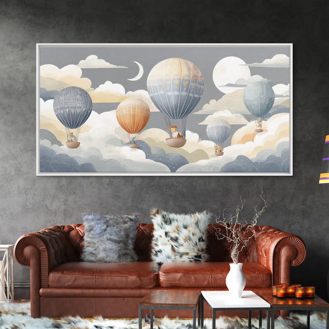 Floating Hot Air Balloon Framed Canvas Print, Nursery Art, Butterfly Wall Art, Nursery Decor, Nursery, Woodland Nursery Art, NUR-2x1-80