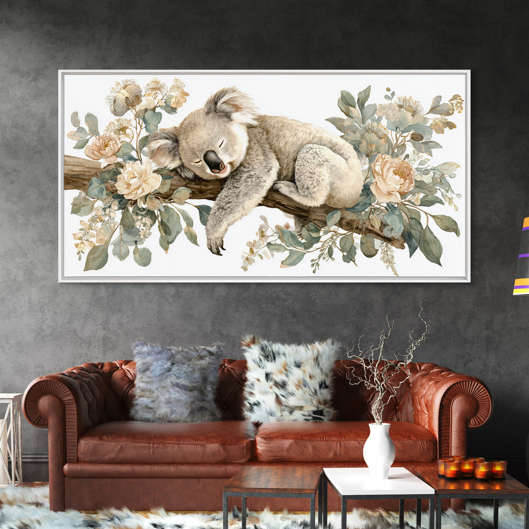 Sleeping Koala on Eucalyptus Branch Framed Canvas Print, Nursery Art, Nursery, Nursery Decor, Nursery, Playroom Wall Decor, NUR-2x1-81