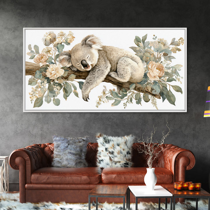 Sleeping Koala on Eucalyptus Branch Framed Canvas Print, Nursery Art, Nursery, Nursery Decor, Nursery, Playroom Wall Decor, NUR-2x1-81