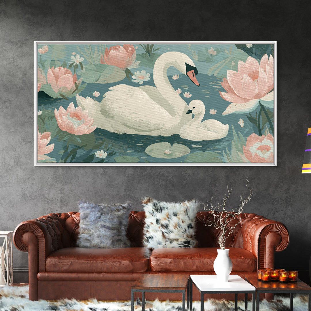 Swan and Cygnet Framed Canvas Print, Nursery Art, Digital Download Art, Nursery Decor, Fine Art, Nursery, Whimsical Wall Art, NUR-2x1-84