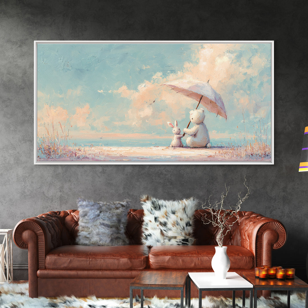 Bear and Rabbit Sharing Umbrella Framed Canvas Print, Nursery Art, Wall Art Print, Nursery Decor, Nursery, Baby Girl Nursery, NUR-2x1-85
