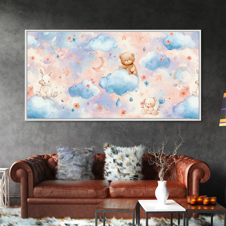 Clouds and Raindrops Framed Canvas Print, Nursery Art, Art Print, Nursery Decor, Oil Painting, Nursery 190, Wall Art Set of, NUR-2x1-90