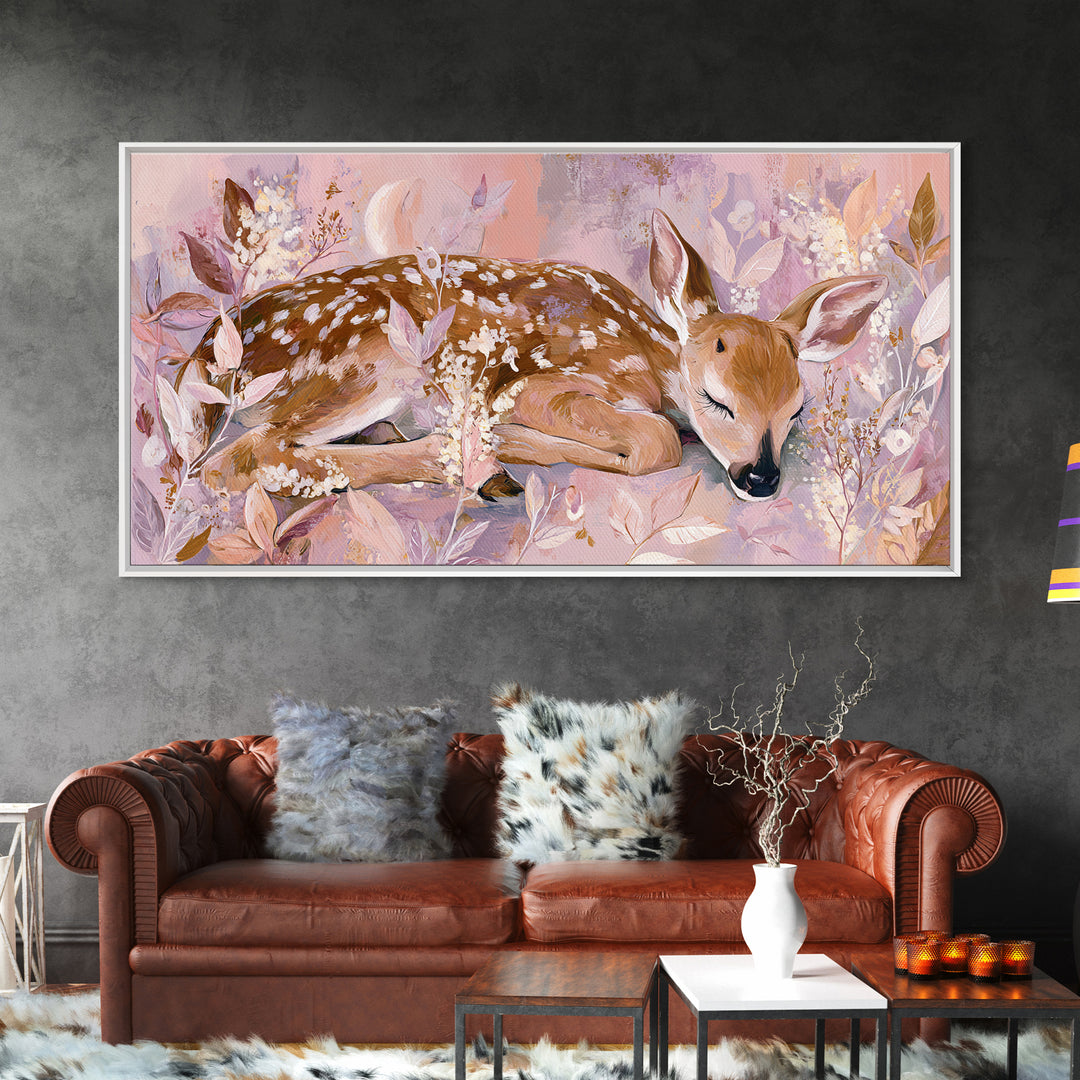 Deer Fawn Sleeping Framed Canvas Print, Nursery Art, Nursery Wall Art, Nursery Decor, Fine Art, Nursery, Woodland Nursery, NUR-2x1-91