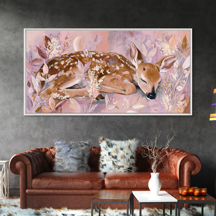 Deer Fawn Sleeping Framed Canvas Print, Nursery Art, Nursery Wall Art, Nursery Decor, Fine Art, Nursery, Woodland Nursery, NUR-2x1-91