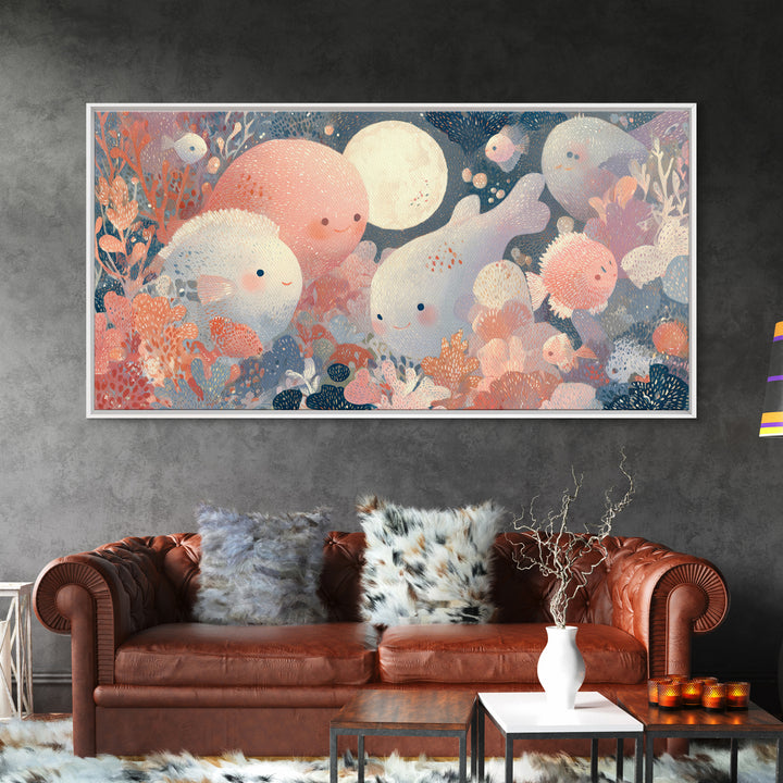 Friendly Ocean Creatures Framed Canvas Print, Nursery Art, Playroom Decor, Nursery Decor, Fine Art, Nursery, Kids Room Wall Art, NUR-2x1-92