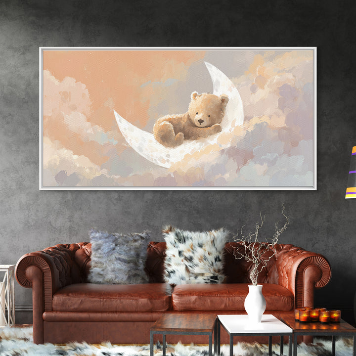 Baby Bear Floating on a Crescent Moon Canvas Print, Nursery Art, Printable Wall Art, Nursery Decor, Watercolor Art, Nursery, NUR-2x1-98