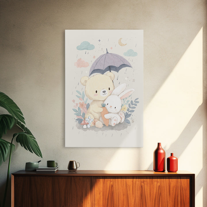 Bear and Rabbit Sharing Umbrella Framed Canvas Print, Nursery Art, Wall Art, Nursery Decor, Fine Art, Nursery, Nursery Prints, NUR-2x3-1