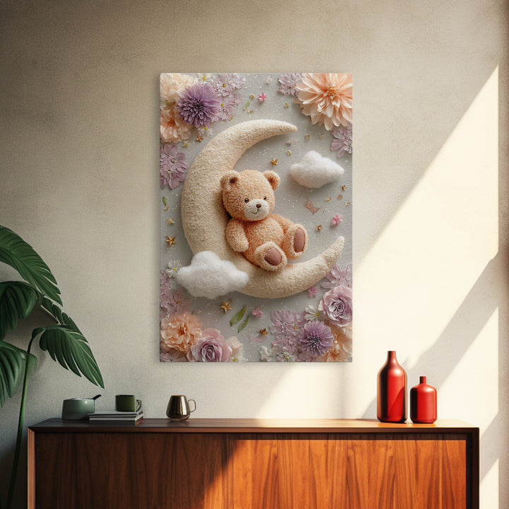 Baby Bear Floating on a Crescent Moon Canvas Print, Nursery Art, Luxury Decor, Nursery Decor, Oil Painting, Nursery, NUR-2x3-14