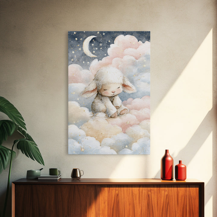 Little Lamb under a Starry Sky Framed Canvas Print, Nursery Art, Kids Room Art, Nursery Decor, Fine Art, Nursery, NUR-2x3-3