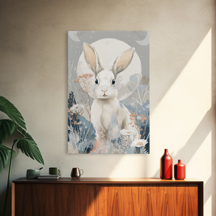 Soft Bunny in a Wildflower Meadow Framed Canvas Print, Nursery Art, Digital Art, Nursery Decor, Nursery, Girl Nursery Decor, NUR-2x3-37