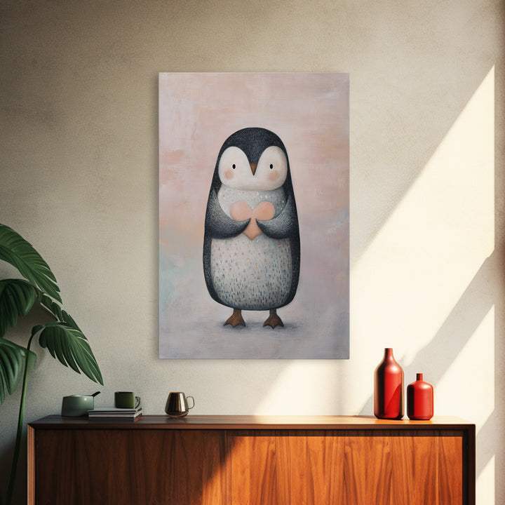 Penguin Holding a Little Heart Shape Framed Canvas Print, Nursery Art, Room Decor, Nursery Decor, Abstract Art, Nursery, NUR-2x3-42