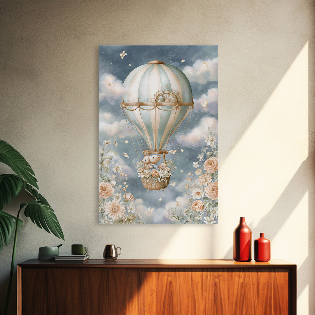 Floating Hot Air Balloon Framed Canvas Print, Nursery Art, Woodland Nursery Art, Nursery Decor, Watercolor Art, Nursery, NUR-2x3-44