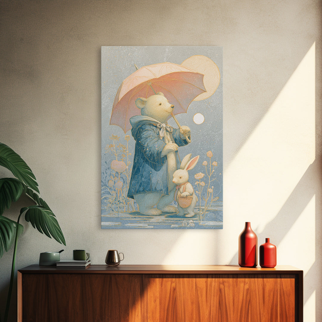 Bear and Rabbit Sharing Umbrella Canvas Print, Nursery Art, Nursery Decor, Fine Art, Nursery, Kids Wall Art, Woodland Nursery, NUR-2x3-49
