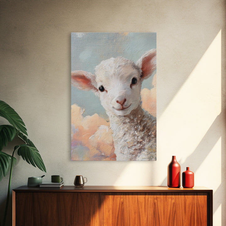 Little Lamb under a Starry Sky Framed Canvas Print, Nursery Art, Room Decor, Nursery Decor, Oil Painting, Nursery, NUR-2x3-51