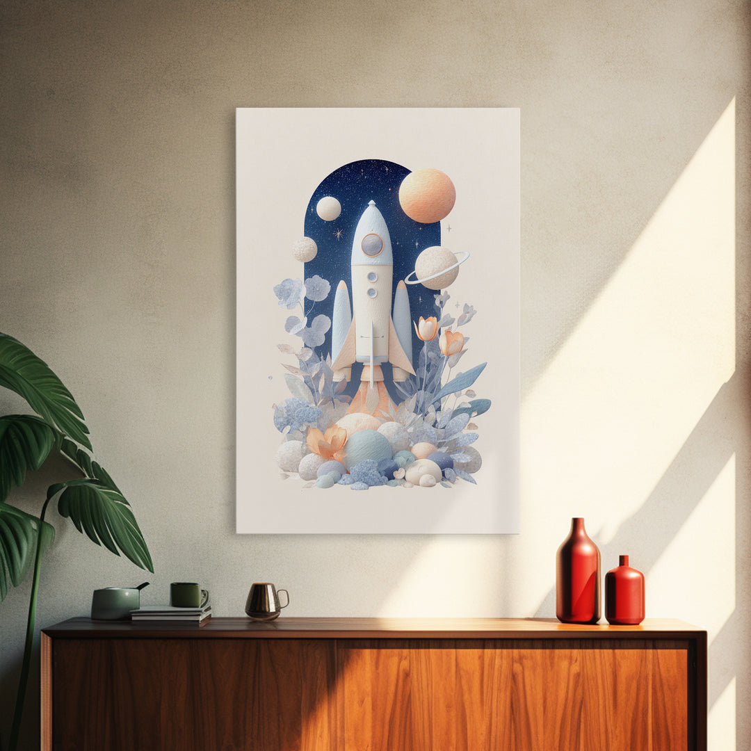 Rocket Ship and Smiling Planets Framed Canvas Print, Nursery Art, Nursery Wall Art, Nursery Decor, Oil Painting, Nursery, NUR-2x3-53