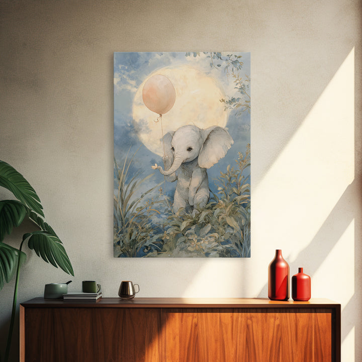 Sleepy Baby Elephant Holding a Tiny Balloon Canvas Print, Nursery Art, Playroom Decor, Nursery Decor, Oil Painting, Nursery, NUR-2x3-57