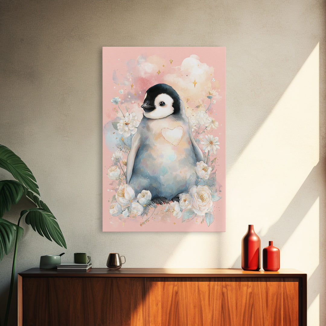 Penguin Holding a Little Heart Shape Canvas Print, Nursery Art, Wall Decor, Nursery Decor, Fine Art, Nursery, Playroom Decor, NUR-2x3-66