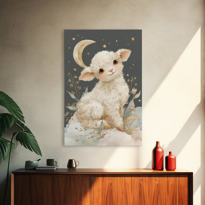 Little Lamb under a Starry Sky Framed Canvas Print, Nursery Art, Nursery Wall Art, Nursery Decor, Nursery, Woodland Nursery, NUR-2x3-75