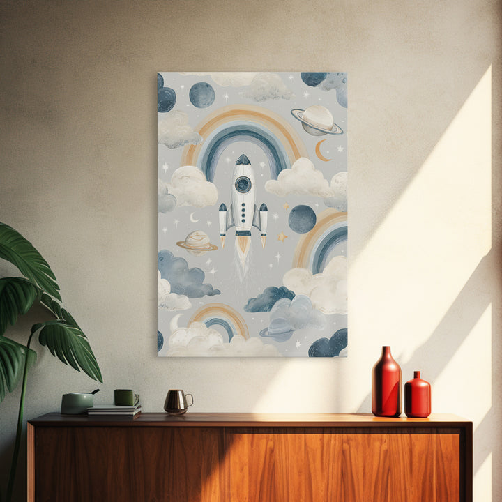 Rocket Ship and Smiling Planets Canvas Print, Nursery Art, Nursery Prints, Nursery Decor, Fine Art, Nursery, Kids Wall Decor, NUR-2x3-77