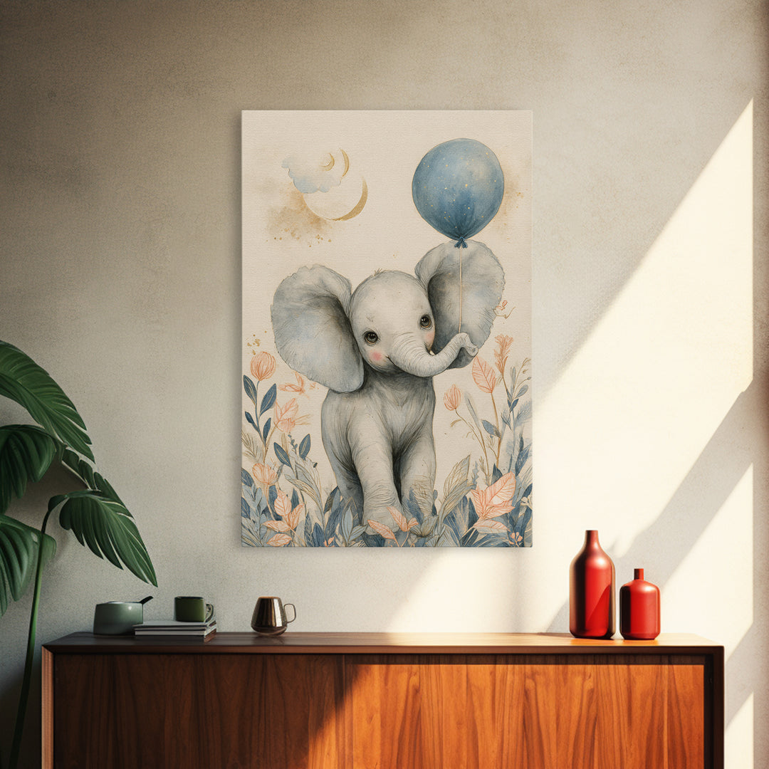 Sleepy Baby Elephant Holding a Tiny Balloon Canvas Print, Nursery Art, Playroom Decor, Nursery Decor, Oil Painting, Nursery, NUR-2x3-81