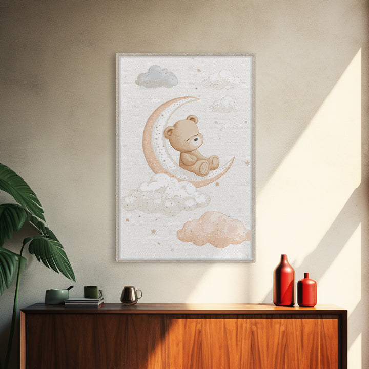 Baby Bear Floating on a Crescent Moon Canvas Print, Nursery Art, Nursery Decor, Abstract Art, Nursery, Kids Wall Art, NUR-2x3-86