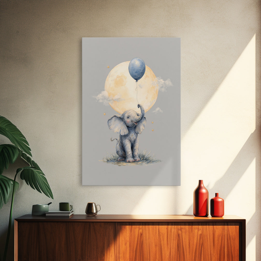 Sleepy Baby Elephant Holding a Tiny Balloon Canvas Print, Nursery Art, Art Print, Nursery Decor, Nursery 409, Wall Art Set of, NUR-2x3-9