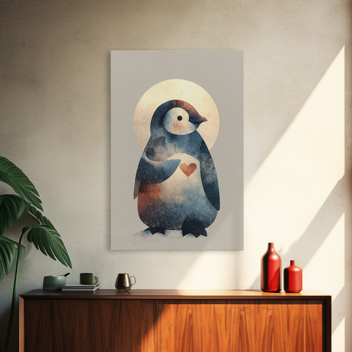 Penguin Holding a Little Heart Shape Framed Canvas Print, Nursery Art, Nursery Wall Art, Nursery Decor, Fine Art, Nursery, NUR-2x3-90