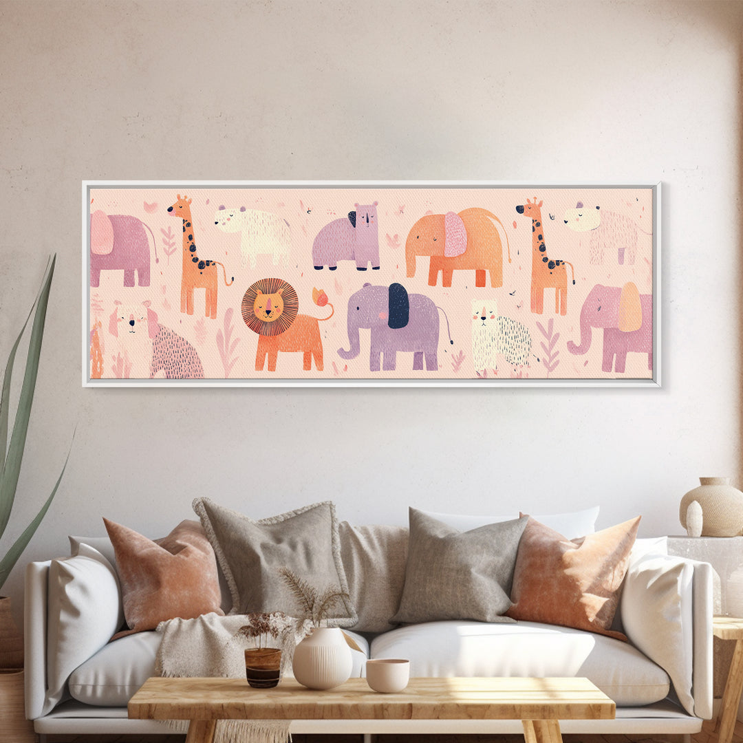 Pastel Jungle Animals Framed Canvas Print, Nursery Art, Wall Decor, Nursery Decor, Fine Art, Nursery, Playroom Decor, NUR-3x1-10