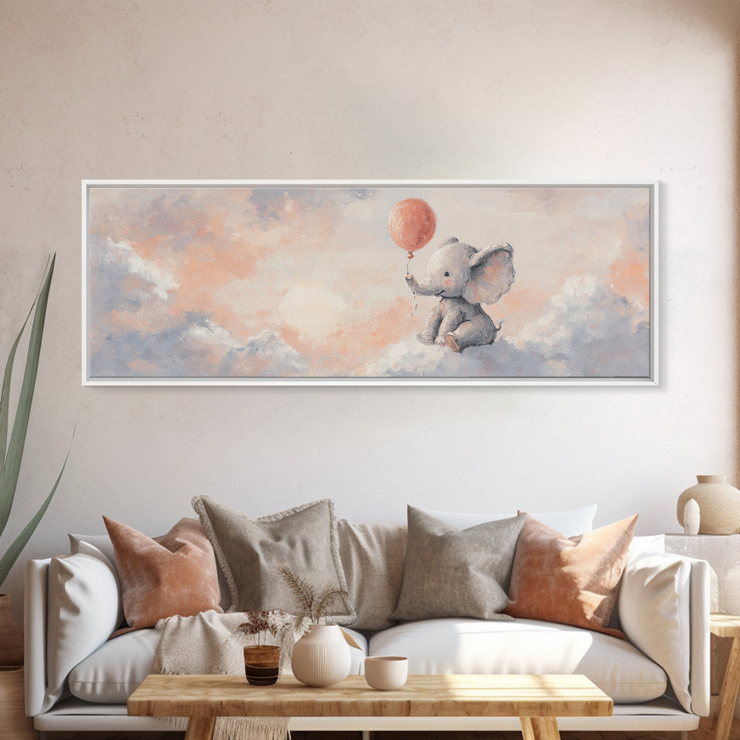 Sleepy Baby Elephant Holding a Tiny Balloon Framed Canvas Print, Nursery Art, Digital Download Art, Nursery Decor, Nursery, NUR-3x1-17