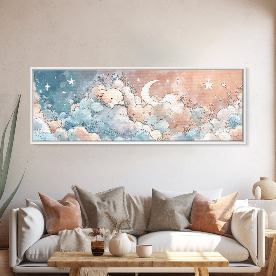 Moon and Stars Canvas Print, Nursery Art, Fine Art Print, Nursery Decor, Watercolor Art, Nursery, Digital Art, NUR-3x1-19