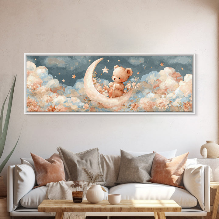 Baby Bear Floating on a Crescent Moon Canvas Print, Nursery Art, Boho Decor, Nursery Decor, Abstract Art, Nursery, NUR-3x1-22