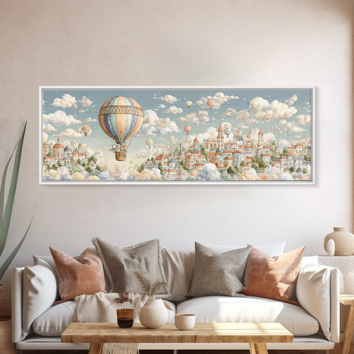 Floating Hot Air Balloon Framed Canvas Print, Nursery Art, Kids Room Art, Nursery Decor, Oil Painting, Nursery, NUR-3x1-28