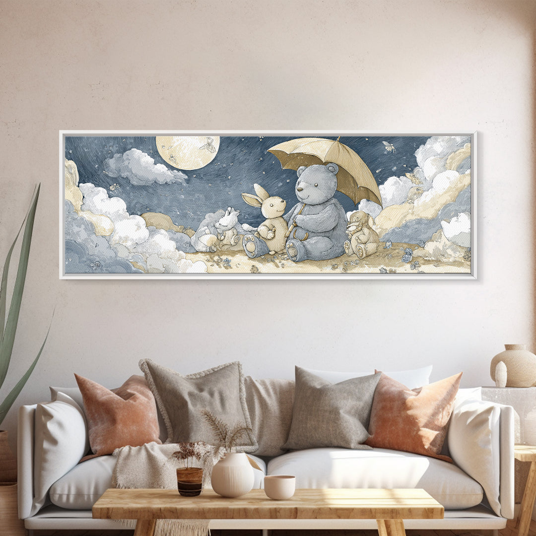 Bear and Rabbit Sharing Umbrella Canvas Print, Nursery Art, Girl Nursery Decor, Nursery Decor, Fine Art, Nursery, Kids Room Art, NUR-3x1-33