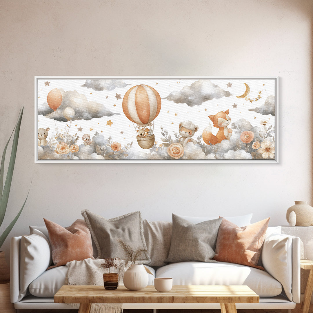 Floating Hot Air Balloon Canvas Print, Nursery Art, Baby Girl Nursery, Nursery Decor, Watercolor Art, Nursery, Fine Art Print, NUR-3x1-4