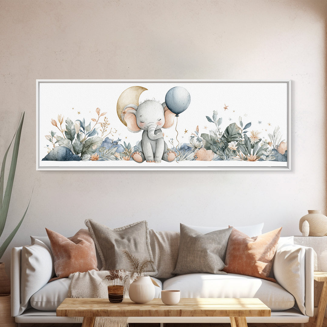 Sleepy Baby Elephant Holding a Tiny Balloon Canvas Print, Nursery Art, Playroom Wall Art, Nursery Decor, Watercolor Art, NUR-3x1-41