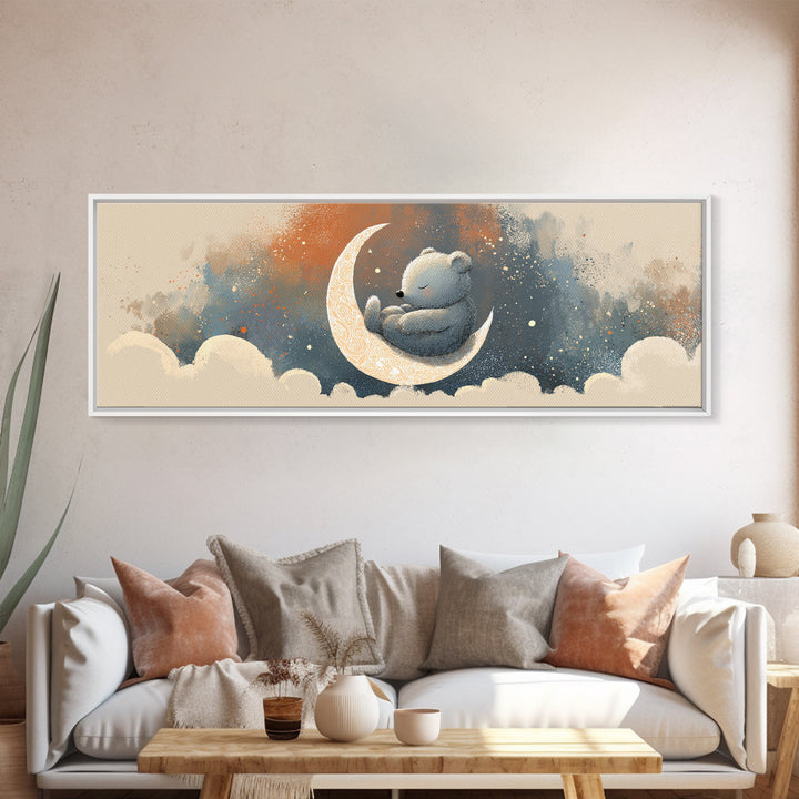 Baby Bear Floating on a Crescent Moon Canvas Print, Nursery Art, Girl Nursery Decor, Nursery Decor, Fine Art, Nursery, NUR-3x1-46