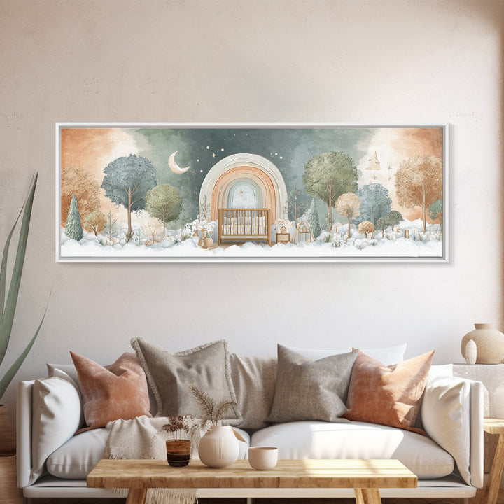 Rainbow Arch with Muted Nursery Colors Framed Canvas Print, Nursery Art, Digital Art, Nursery Decor, Oil Painting, Nursery, NUR-3x1-47