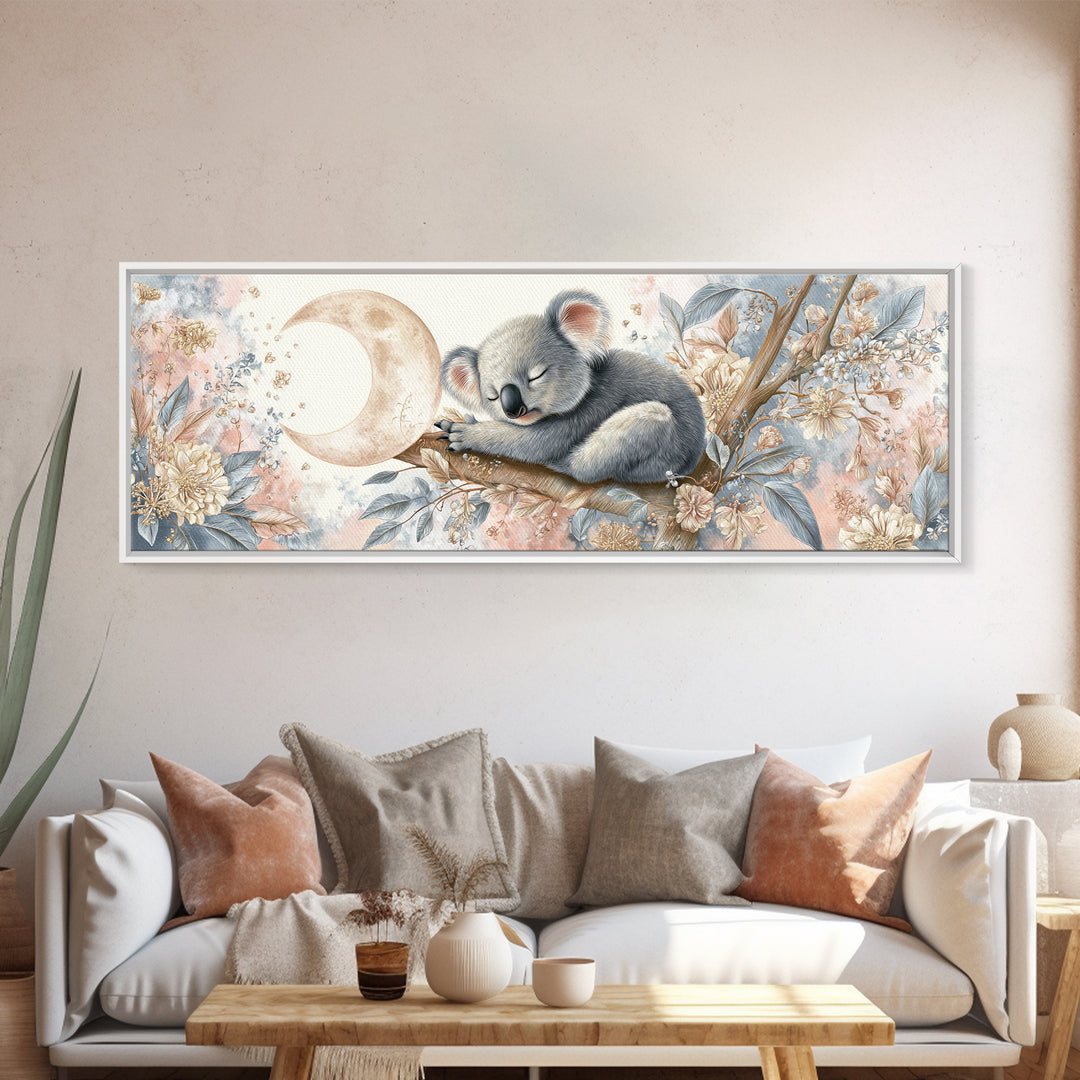 Sleeping Koala on Eucalyptus Branch Framed Canvas Print, Nursery Art, Watercolor Print, Nursery Decor, Oil Painting, Nursery, NUR-3x1-53