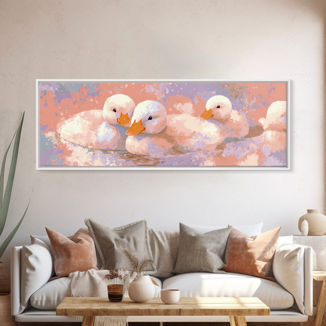 Ducklings Following a Mother Duck Canvas Print, Nursery Art, Playroom Wall Art, Nursery Decor, Nursery, Statement Artwork, NUR-3x1-54