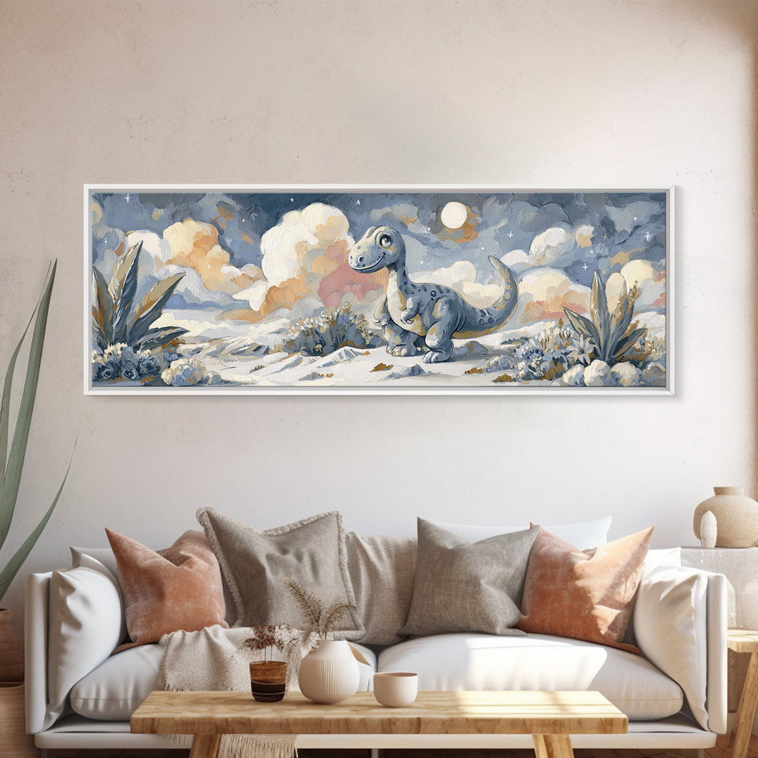 Tiny Dinosaur with Friendly Expression Framed Canvas Print, Nursery Art, Contemporary Art, Nursery Decor, Fine Art, Nursery, NUR-3x1-55