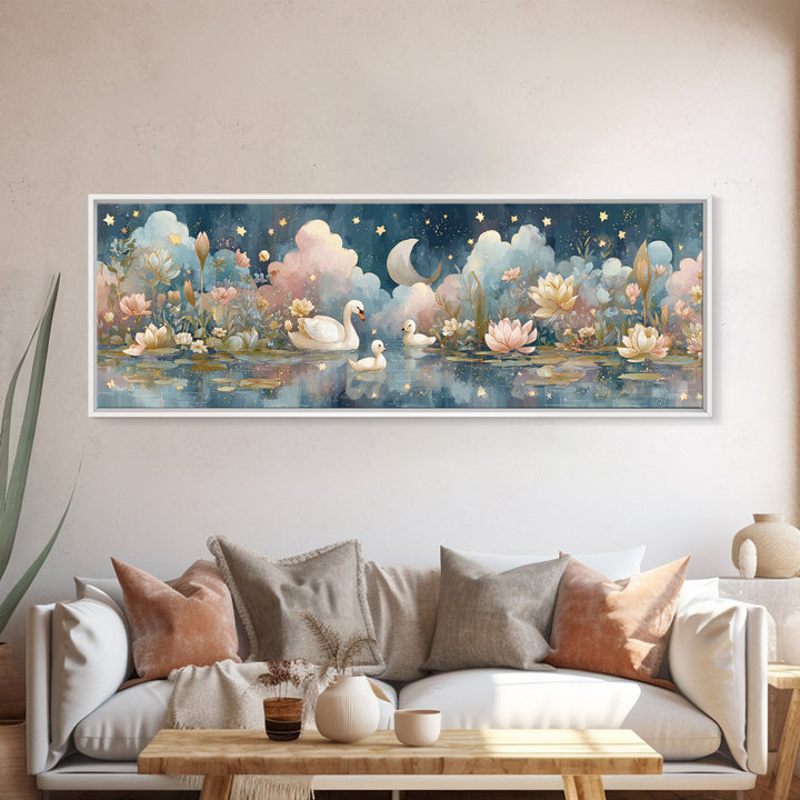 Swan and Cygnet Framed Canvas Print, Nursery Art, Textured Painting, Nursery Decor, Fine Art, Nursery, Wall Art Print, NUR-3x1-56