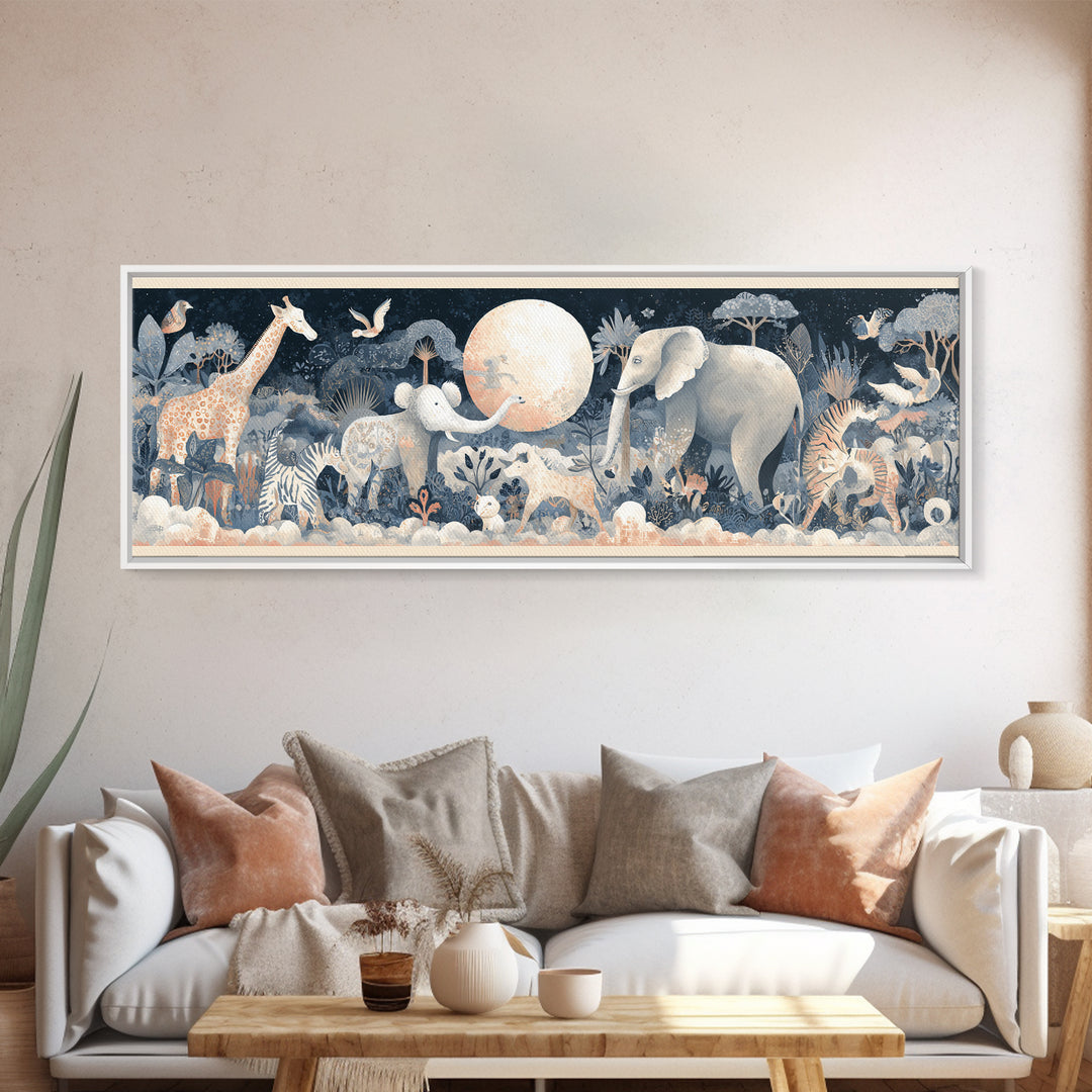 Pastel Jungle Animals Framed Canvas Print, Nursery Art, Nursery Prints, Nursery Decor, Fine Art, Nursery, Kids Wall Decor, NUR-3x1-58