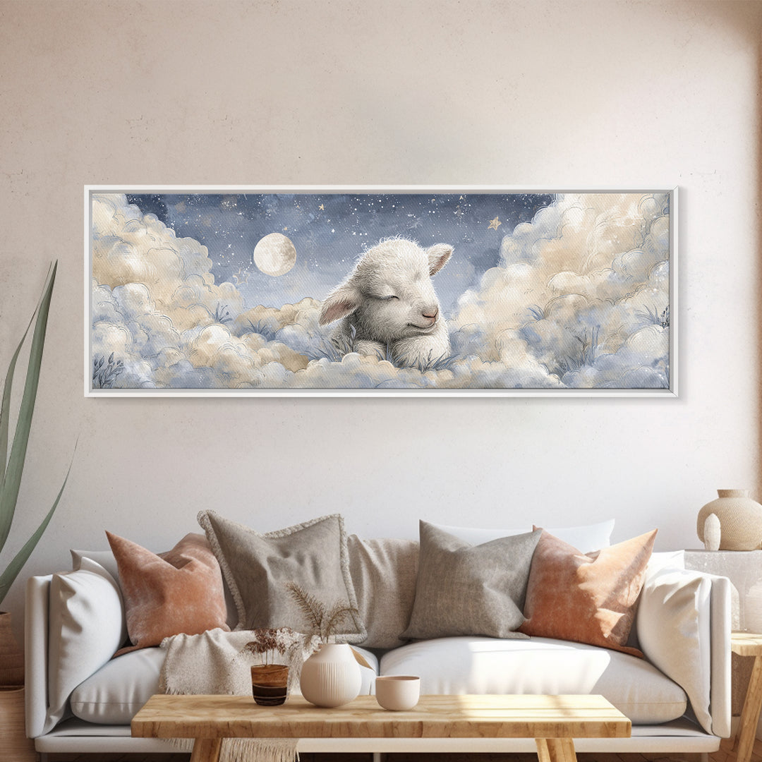 Little Lamb under a Starry Sky Framed Canvas Print, Nursery Art, Wall Art, Nursery Decor, Fine Art, Nursery, Nursery Prints, NUR-3x1-59