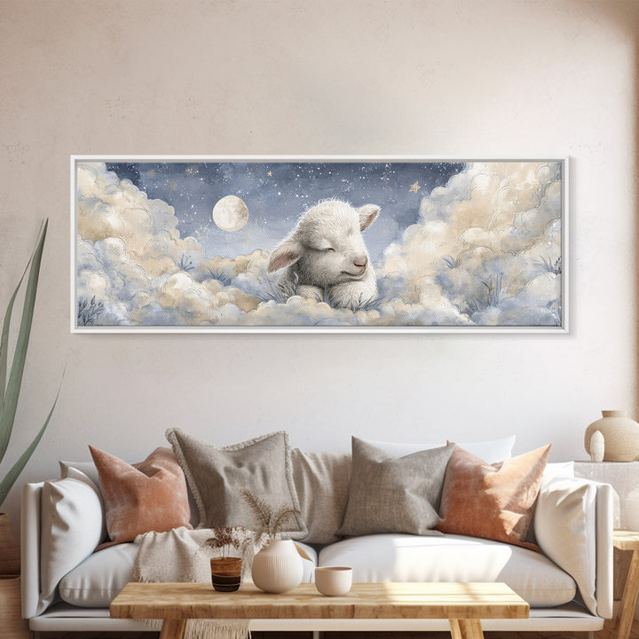 Little Lamb under a Starry Sky Framed Canvas Print, Nursery Art, Wall Art, Nursery Decor, Fine Art, Nursery, Nursery Prints, NUR-3x1-59