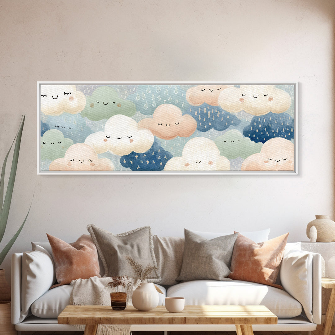 Clouds and Raindrops Canvas Print, Nursery Art, Home Decor, Nursery Decor, Oil Painting, Nursery, Contemporary Art, Wall Art, NUR-3x1-62