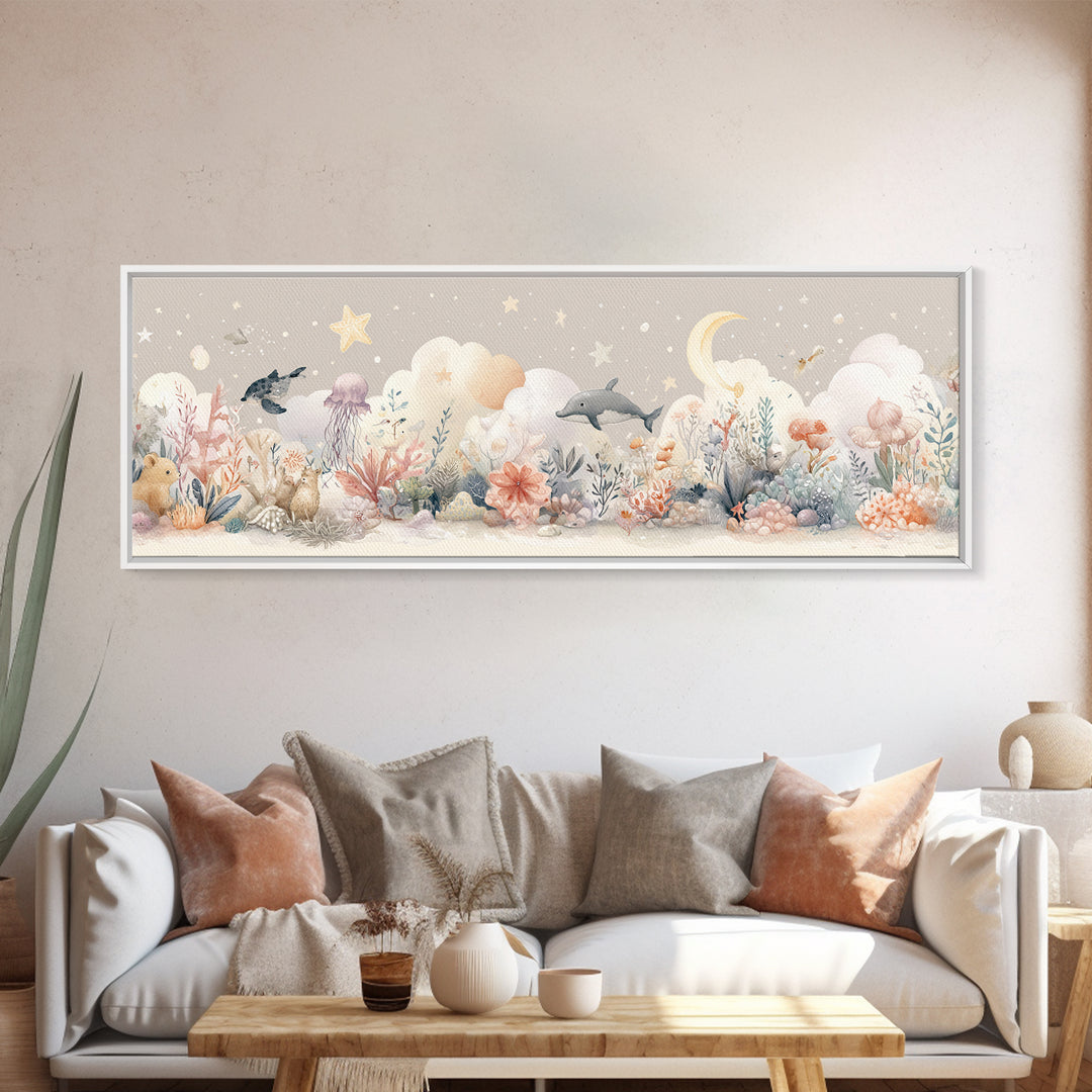 Friendly Ocean Creatures Framed Canvas Print, Nursery Art, Boho Decor, Nursery Decor, Fine Art, Nursery, Wall Hangings, NUR-3x1-64