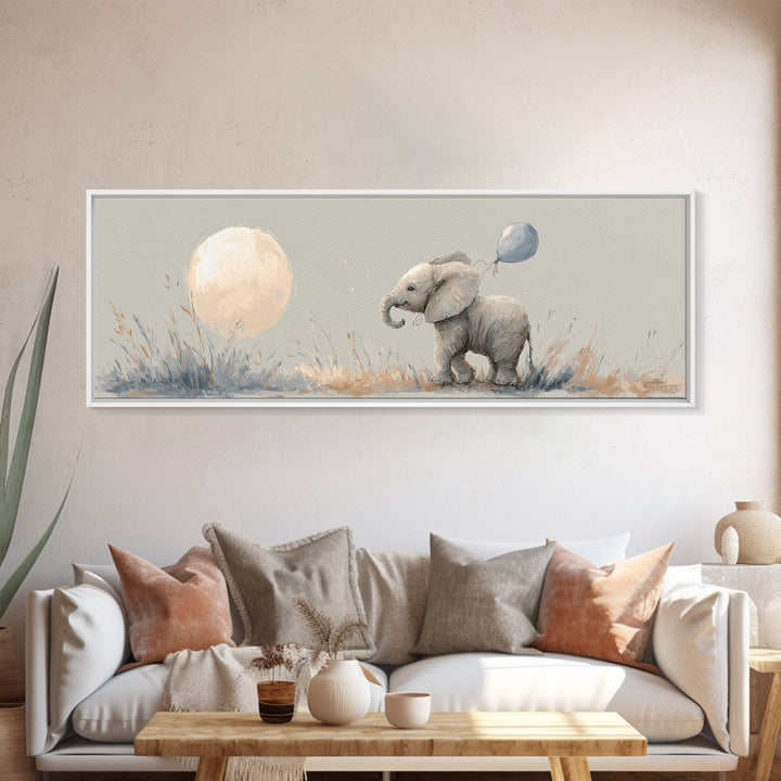 Sleepy Baby Elephant Holding a Tiny Balloon Canvas Print, Nursery Art, Playroom Wall Art, Nursery Decor, Watercolor Art, NUR-3x1-65