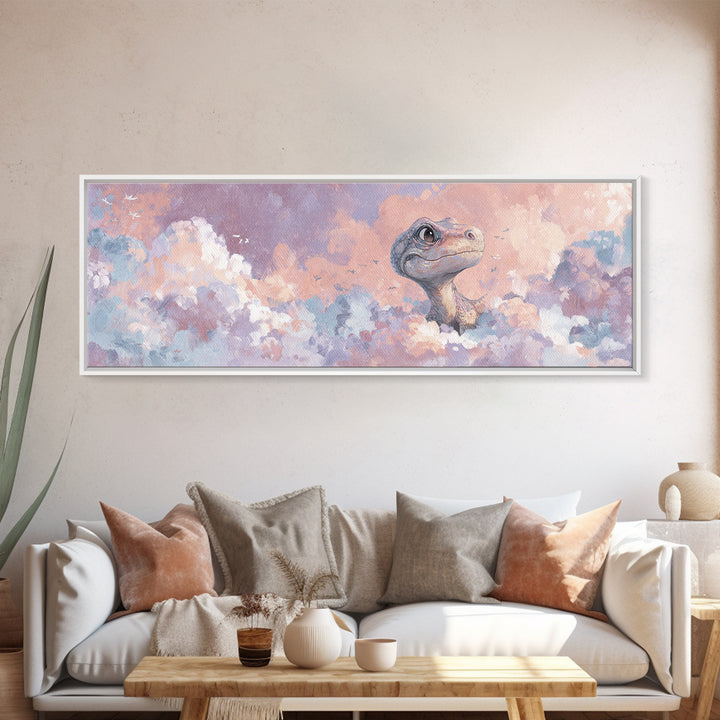 Tiny Dinosaur with Friendly Expression Framed Canvas Print, Nursery Art, Gallery Decor, Nursery Decor, Fine Art, Nursery, NUR-3x1-7