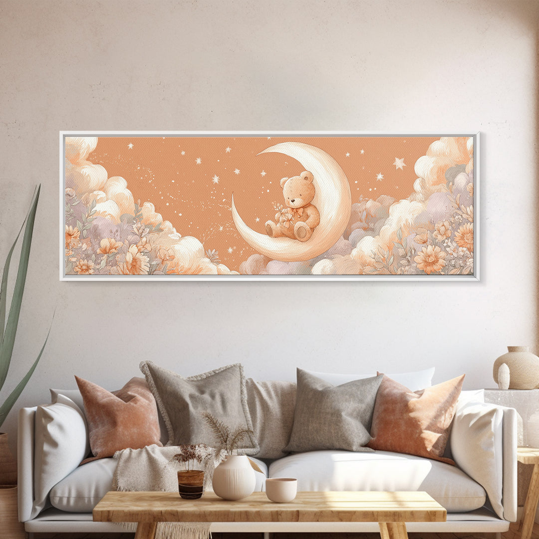Baby Bear Floating on a Crescent Moon Canvas Print, Nursery Art, Luxury Decor, Nursery Decor, Oil Painting, Nursery, NUR-3x1-70